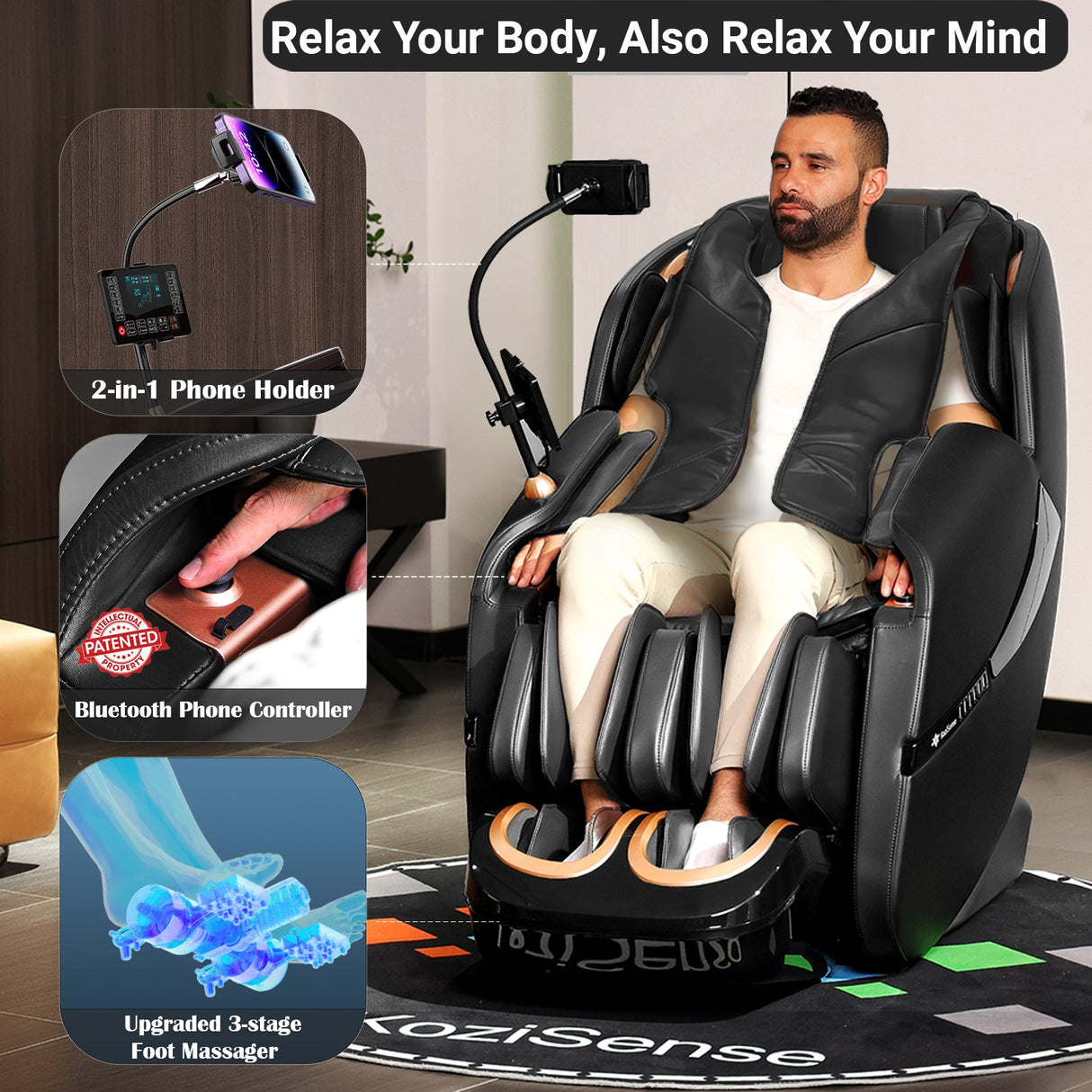 KoziSense KZ-A18 3D SL Track Massage Chair | Full Body Zero Gravity, No Assembly Required, Back Pain Relief - (All Black)