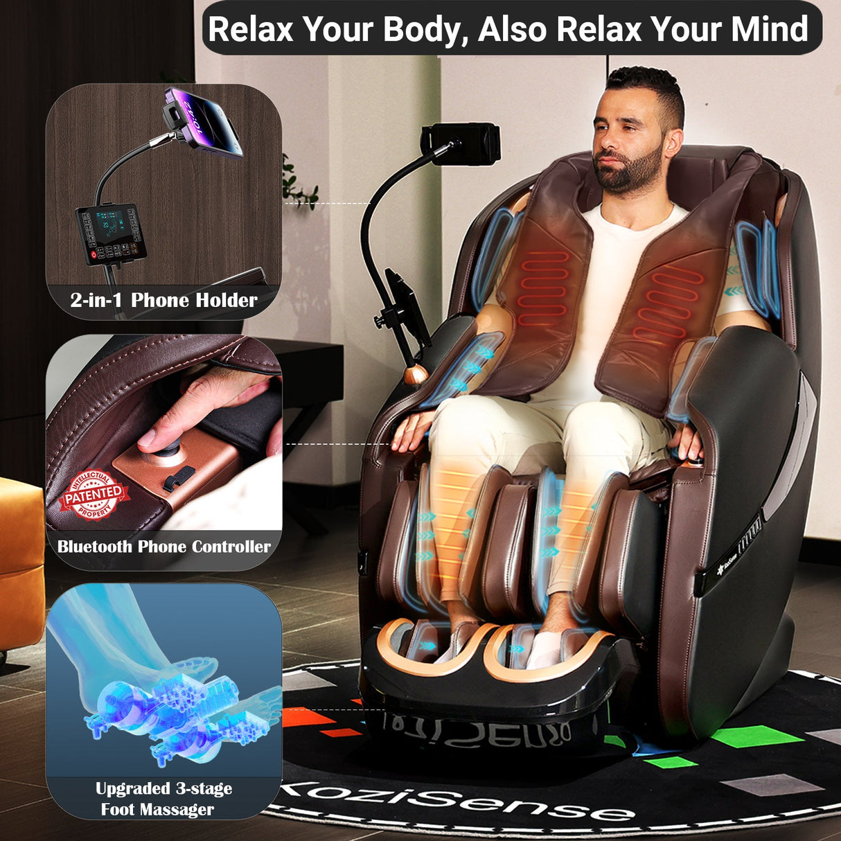 KoziSense KZ-A18 3D SL Track Massage Chair | Full Body Zero Gravity, No Assembly Required, Back Pain Relief - (Black and Brown)
