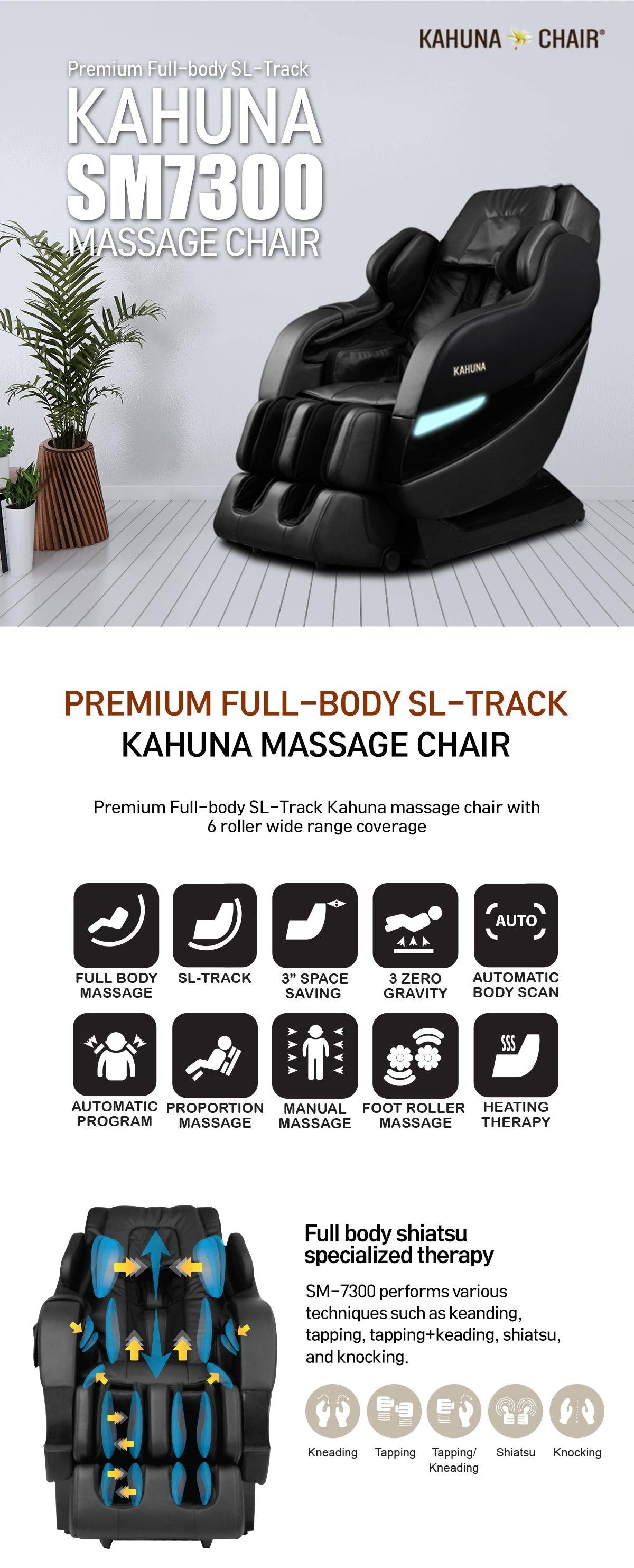 Kahuna Chair Dios-7300 Massage Chair 7D Dual Core Air Roller SL-track with 3D Calf Kneading