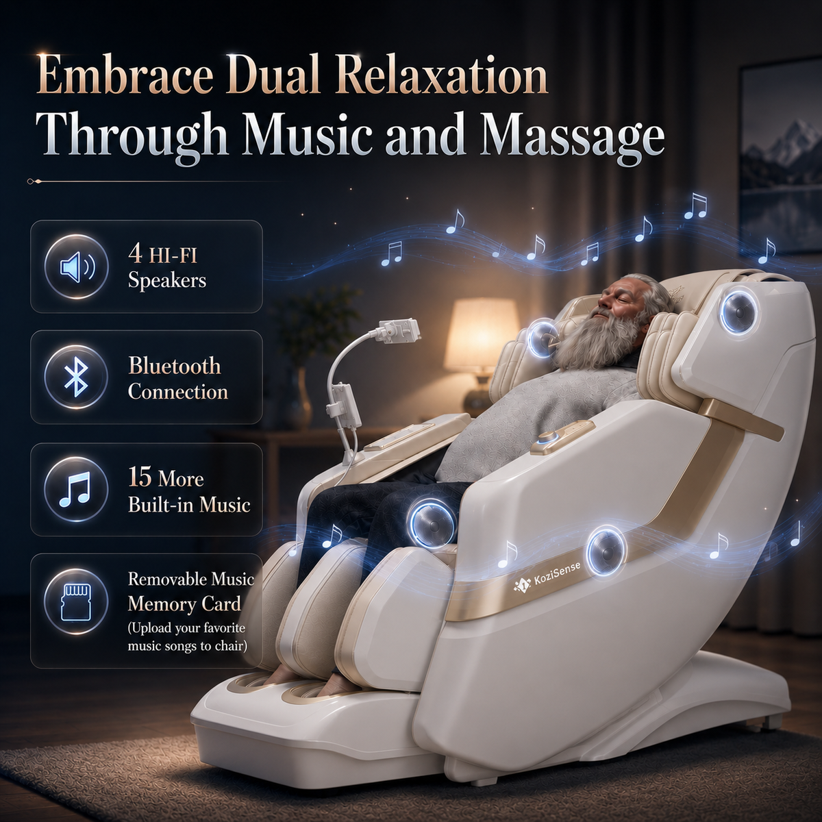KoziSense KZ-313 Heated Jade Stone Massage Chair | 3D Full Body| Zero Gravity| Back Pain Relief| Heat Therapy (White)