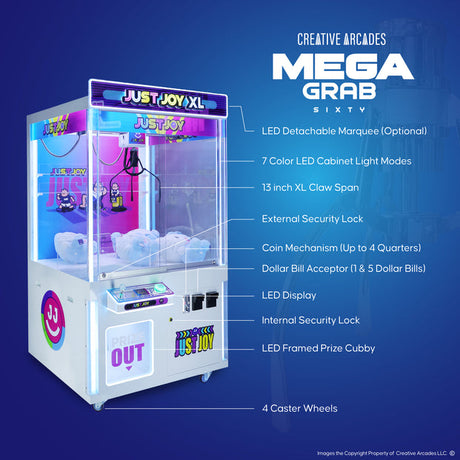 Mega Grab XL 60" Claw Machine with 7 Color Neon Cabinet Lights